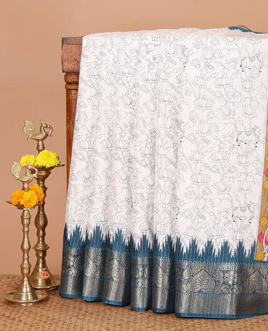 White pichwai cow & lotus printed dola silk saree,contrast blue temple traditional zari border, kalamkari printed pallu & printed blouse