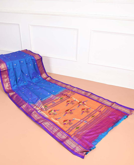 Blue motifs paithani silk sare with contrast checked zari border & intricate zari design pallu
