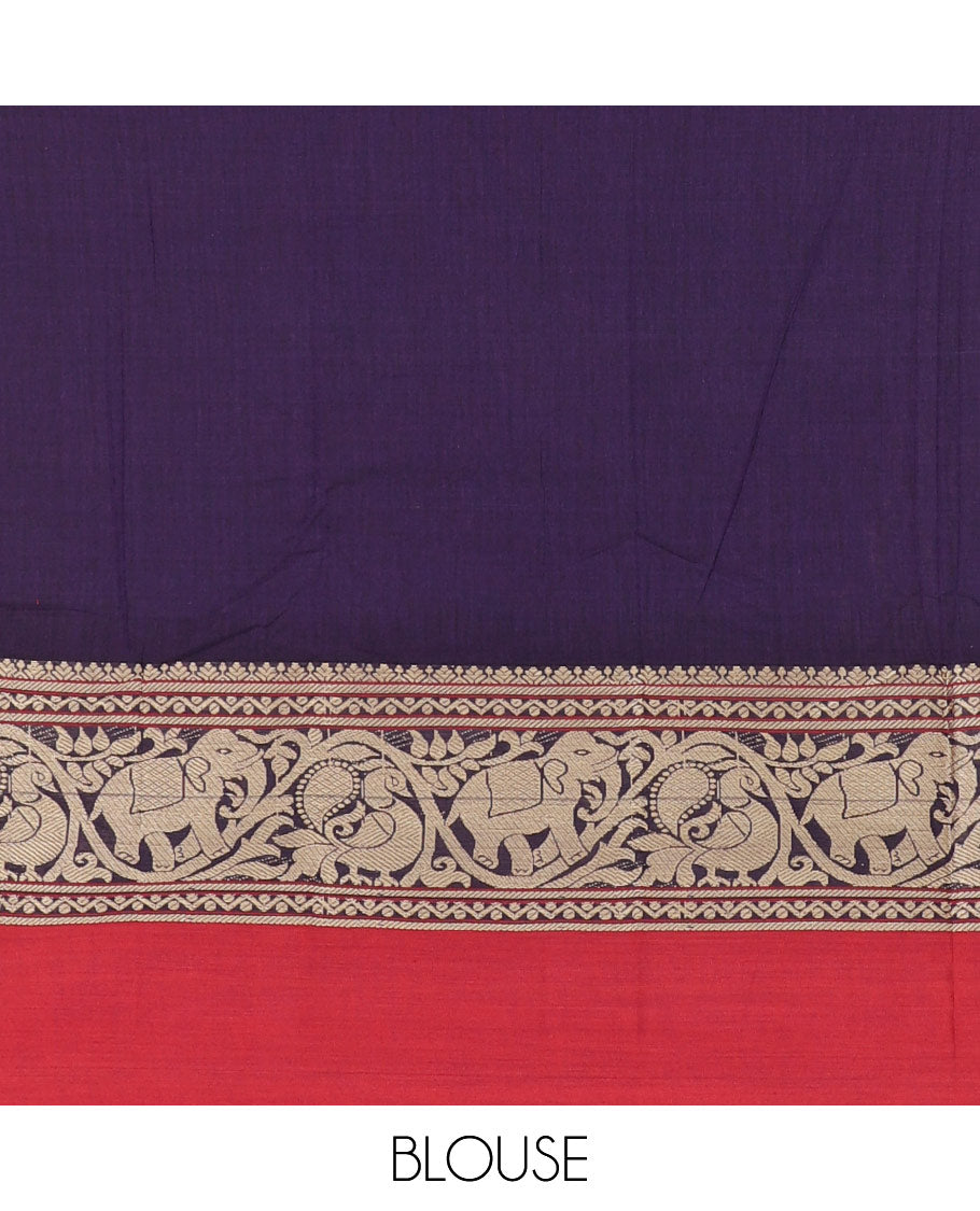 Purple plain mercerised cotton saree, contrast traditional border of peacock, and elephant motifs, striped pallu, and a matching blouse