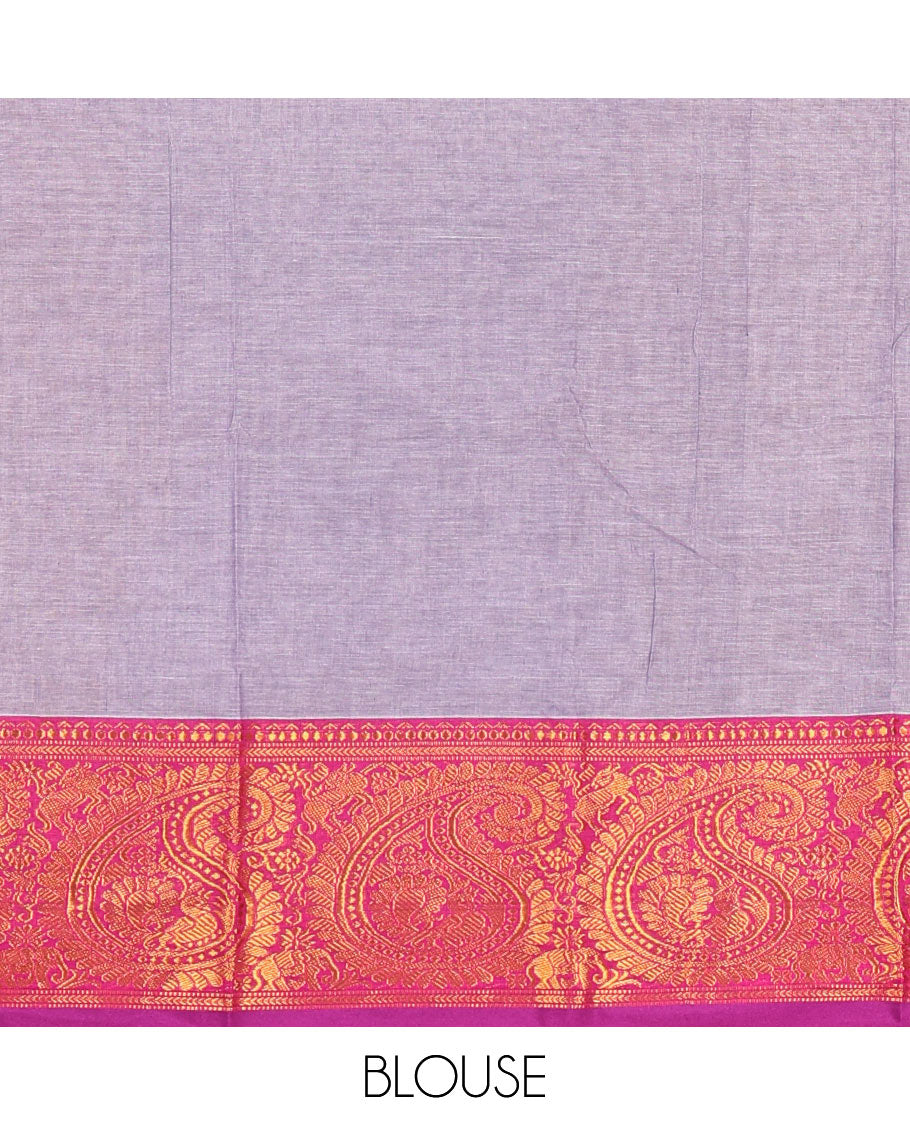 Lavender plain design mercerised cotton saree, contrast traditional peacock enclosed manga border, striped pallu & matching blouse