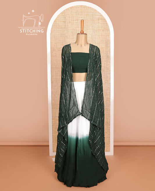 White & green  georgette half saree with plain blouse & striped dhavani