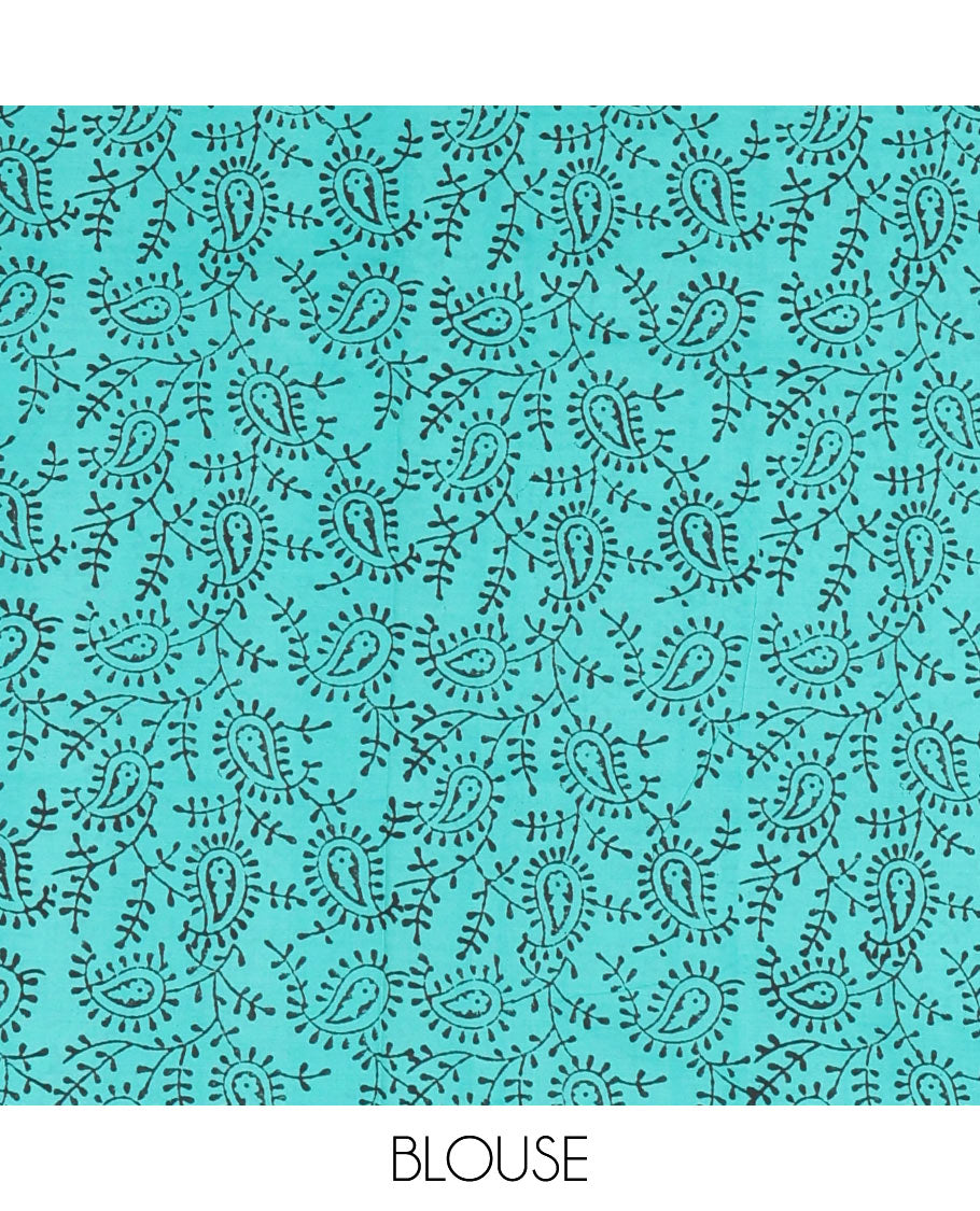 Black floral motifs hand block printed South cotton saree, floral hand block printed border and pallu, along with a contrast printed blouse