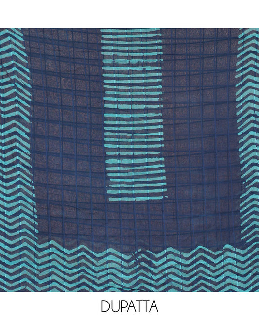 Ink blue material chudidar set, batik print, mirror work and kantha work cotton top, cotton bottom, and batik printed dupatta