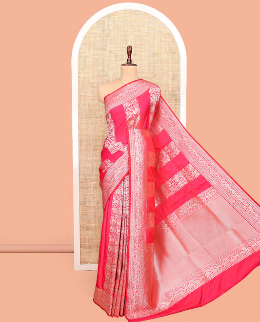 Pink Semi-Banaras Silk Saree, Elegantly Highlighted with Animal-themed Jacquard Designs on Its Body, Highlighted by a Zari Border of Traditional Designs, Pallu Steeped with Stripes, and Paired with a Matching Blouse