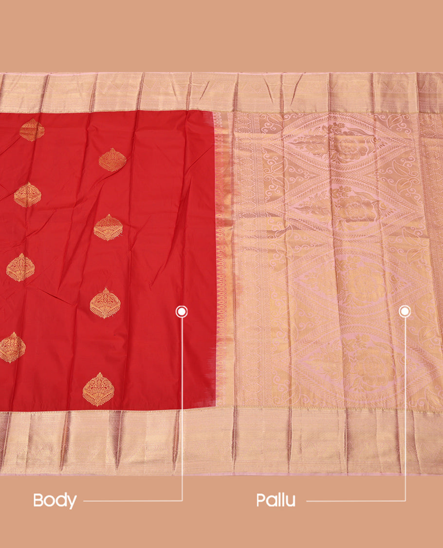 Orange Budget Silk Saree, Adorned with Zari Buttas, Complemented by a Contrast Traditional Zari Border, Grand Pallu, and a Contrast Blouse
