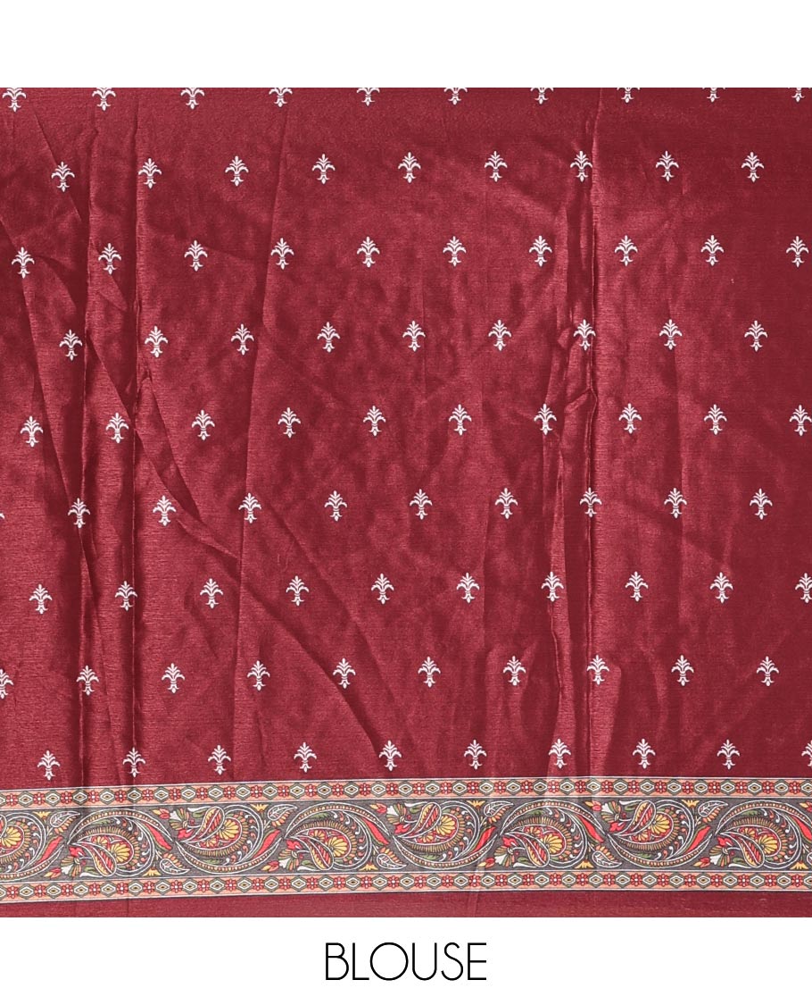Maroon floral-paisleys printed and mirror work masakali saree, printed border, printed and mirror work pallu, and a matching printed blouse