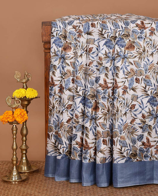 White tropical floral printed khadi cotton saree,contrast blue printed border,floral-geometric printed pallu & tropical floral print blouse