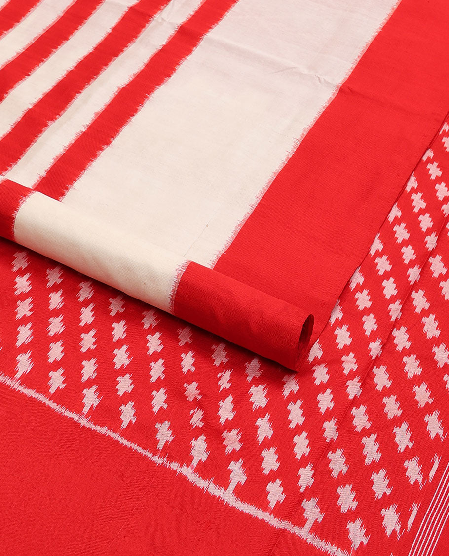 Red motifs ikkat saree with contrast striped border & floral motifs pallu