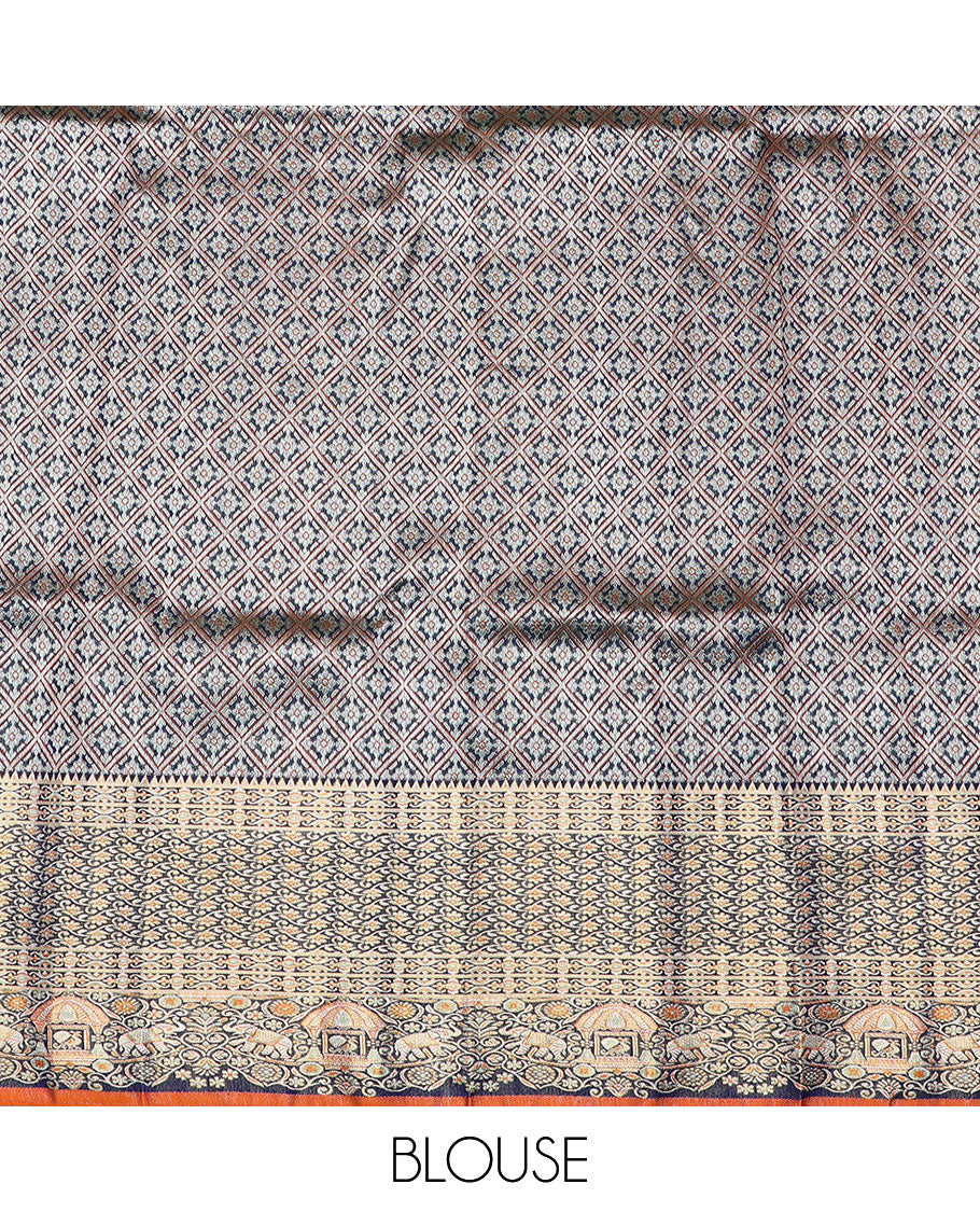 Blue floral jaal meenakari jacquard silk saree,rekku border of kodi visiry, yaanai & mayil & pallu steeped with yaanai & mayil on the palanquin motifs