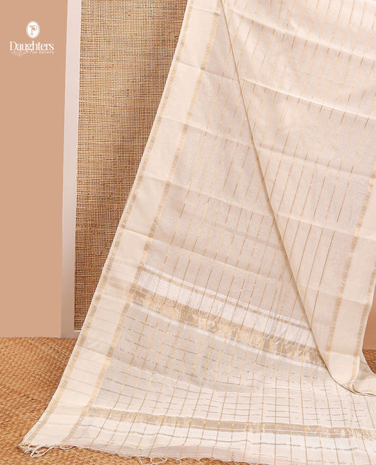 White striped maheshwari cotton saree with self zari design border & checked pallu