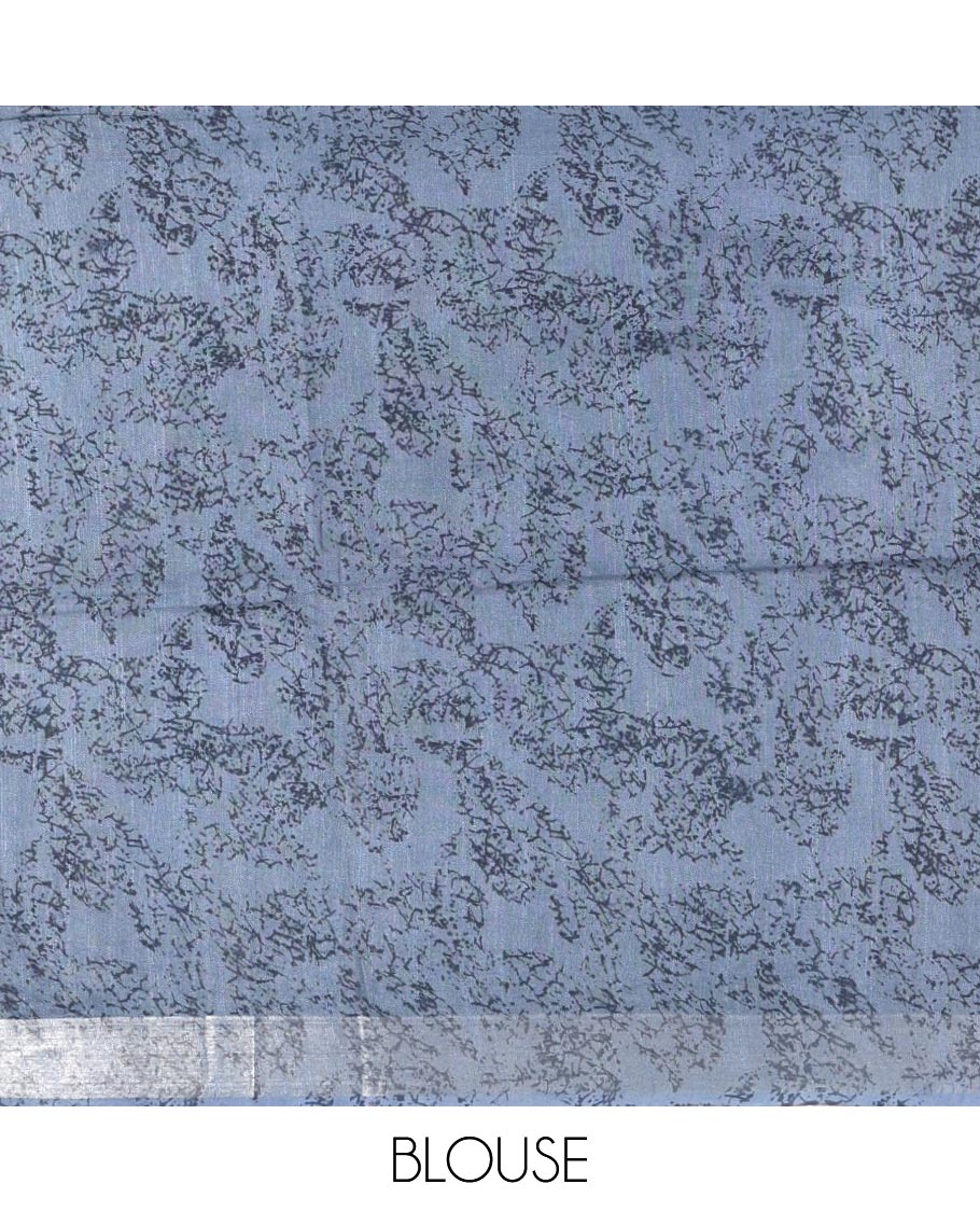 Steal grey flora-fauna kalamkari printed Bhagalpur linen saree, zari border, contrast floral-peacock printed pallu & contrast printed blouse
