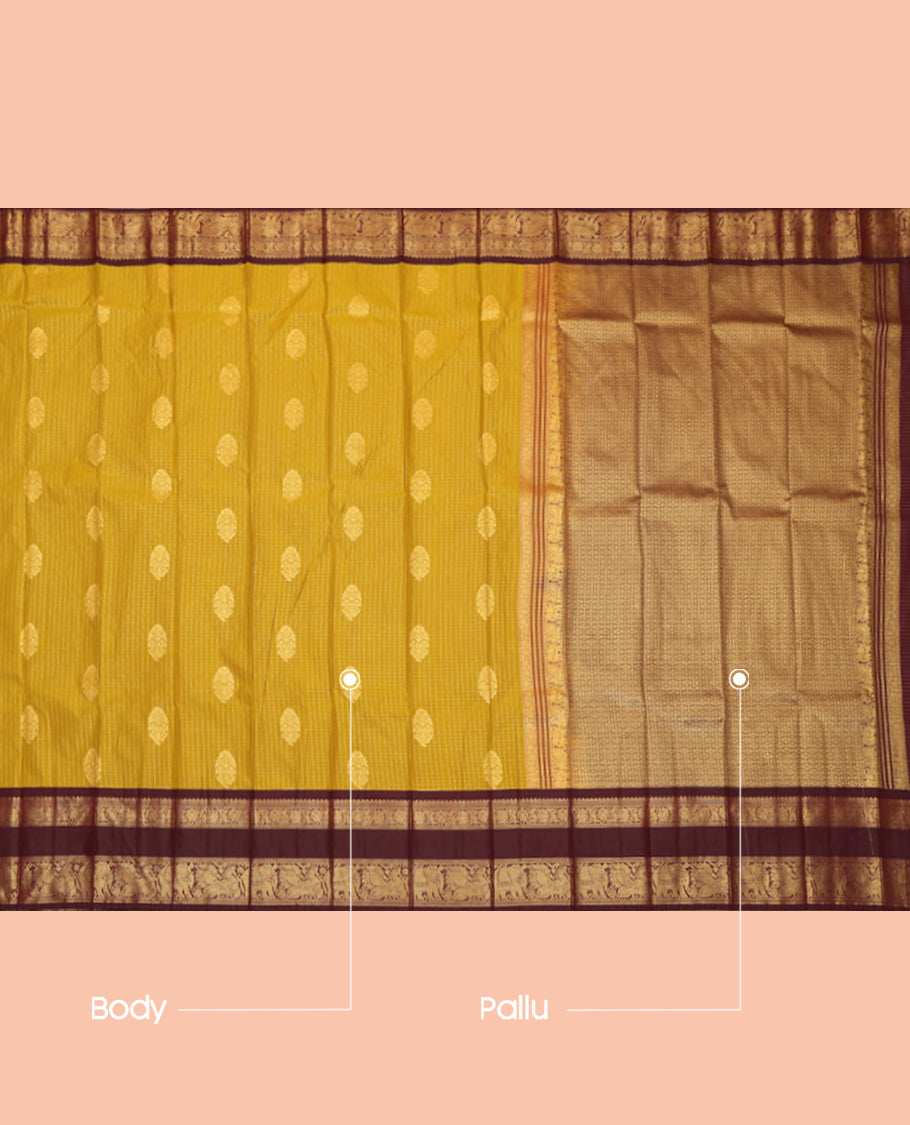Mustard Budget Silk Saree, Elevated with Zari Buttas and Checks, Complemented by Contrast Traditional Rettai Pettu Border, a Jaal Pallu and a Contrast Blouse