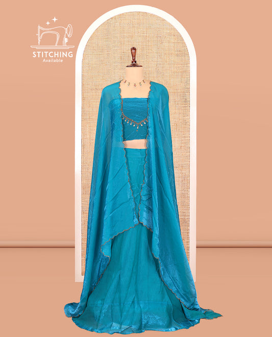 Rama Blue Fendi Organza  Half-Saree, Plain Skirt, Matching Embroidered Blouse, Matching Scallop Dhavani