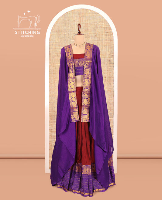Maroon-Violet Mercerised Cotton Half-Saree, Contrast Annam Bordered Skirt,Matching Blouse,Contrast Dhavani