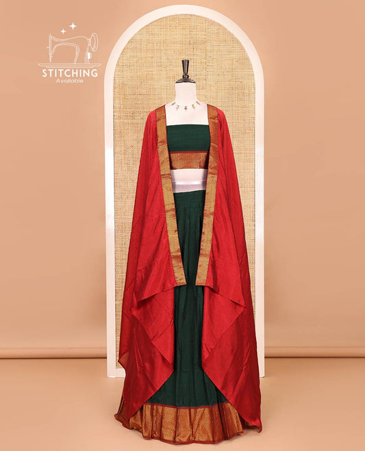 Green-red Mercerised cotton half-saree, plain with contrast arai madam border skirt, matching blouse & contrast arai madam border dhavani