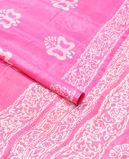 Pink batik motifs printed silk saree with self floral design border & batik style floral design pallu