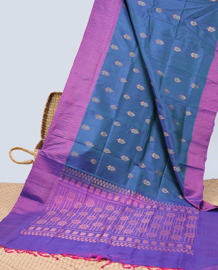 Blue leaf motifs semi-soft silk saree with contrast striped border & striped , floral motifs pallu