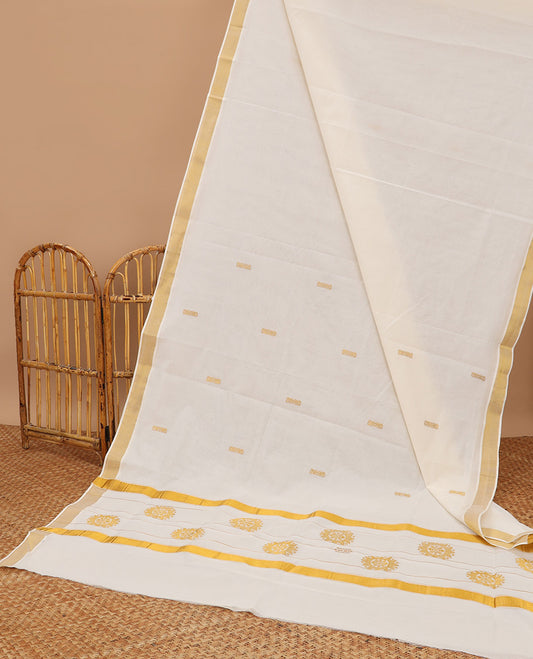 Cream zari buttas kerala saree, zari border & pallu of zari designs