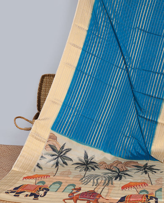 Blue striped design  mysore silk saree with striped zari border & Rajasthan theme design pallu