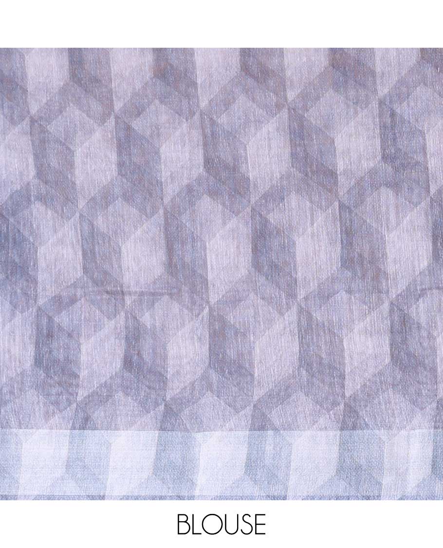 White color with navy blue leaf printed semi-chanderi cotton saree with lining chit pallu along with printed blouse