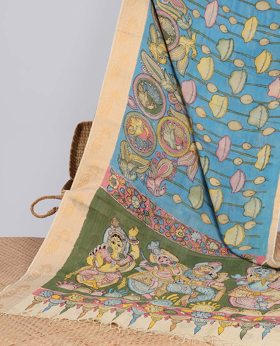 Blue floral,peacock design handpainted pen kalamkari silk saree with contrast zari border & pichwai style design pallu