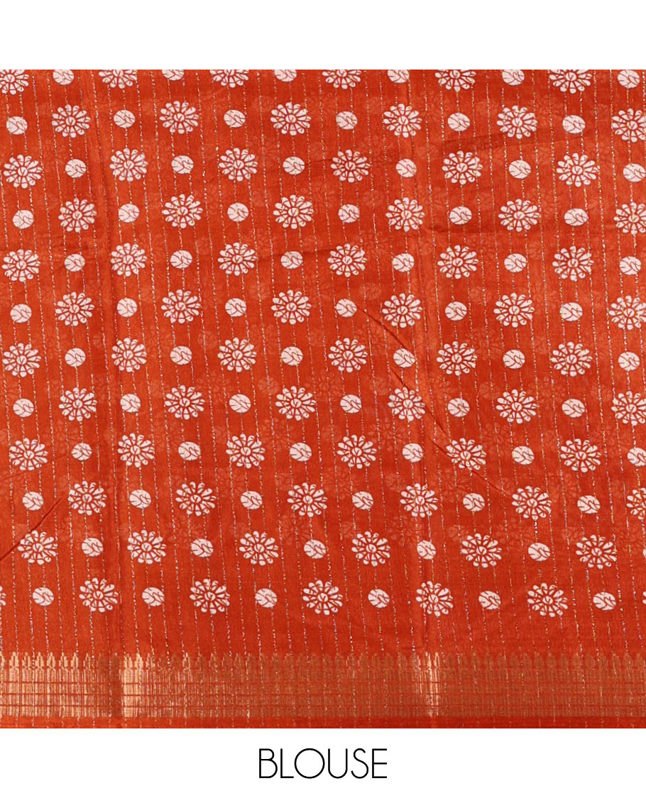 Honey color golden zari striped & batik-printed dola silk saree, traditional zari border & batik printed pallu & matching batik printed blouse
