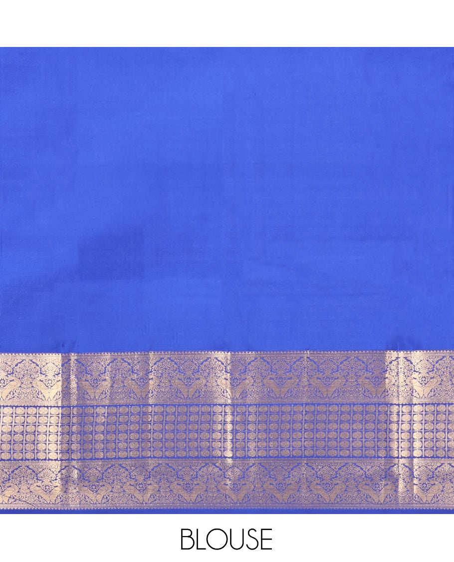 Blue Vasundhara Lite-Silk Mix Saree Featuring Zari Buttas and Stripes, Highlighted by Zari Border of Kamalam and Kili Designs, Butta-Enclosed Checked Pallu, and a Matching Blouse