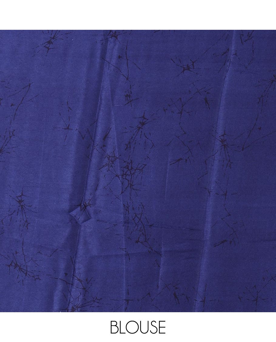Borderless navy blue batik-style vine printed satin crepe saree, fancy printed self-pallu & batik printed blouse