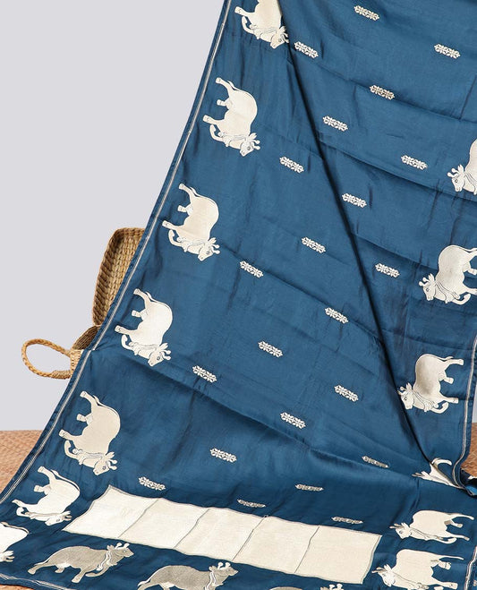 Blue floral motifs semi-banaras tussar saree with self pichwai border & zari design pallu