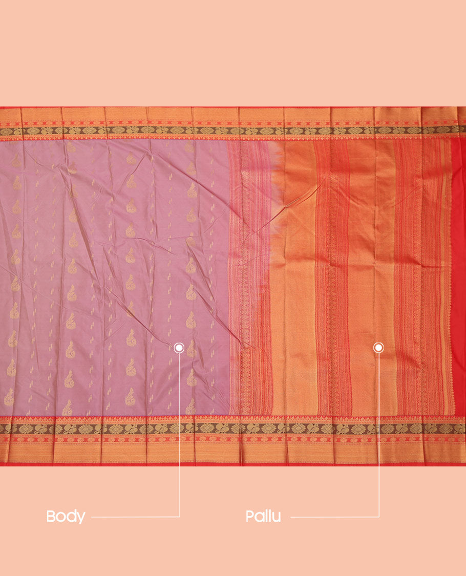 Rosewood Pink Budget Silk Saree, Sparsely Woven with Zari Buttas, a Contrast Traditional Zari Border, Intricate Pallu, and a Contrast Blouse