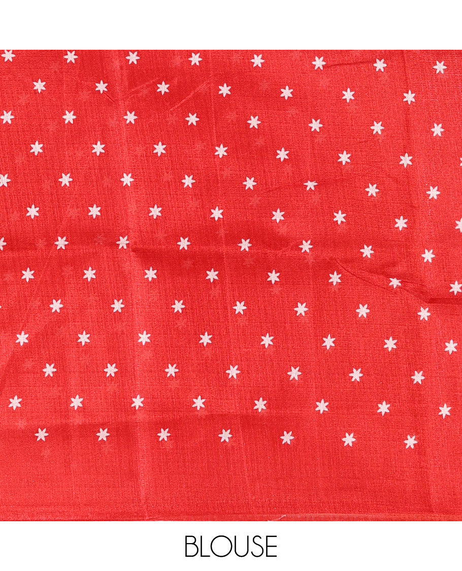 White-red diamond patterned khadi cotton saree, contrast plain border, intricate print pallu & contrast star motifs printed blouse