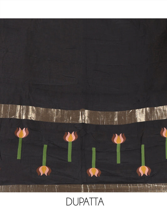 Black Mul Chanderi Material Chudidar Features Jamdani-Floral Top, Plain Bottom, Jamdani-Floral Dupatta