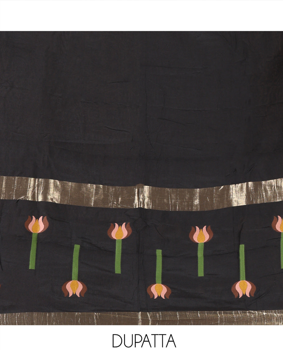 Black Mul Chanderi Material Chudidar Features Jamdani-Floral Top, Plain Bottom, Jamdani-Floral Dupatta