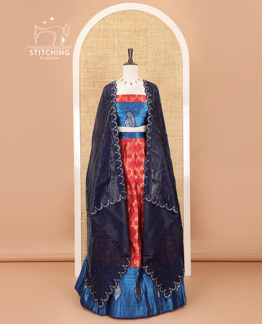 Gajari-navy blue half-saree, floral jaal jacquard banarasi skirt, contrast traditional zari stone work border,  matching blouse, and contrast scallop embroidered velvet organza dhavani
