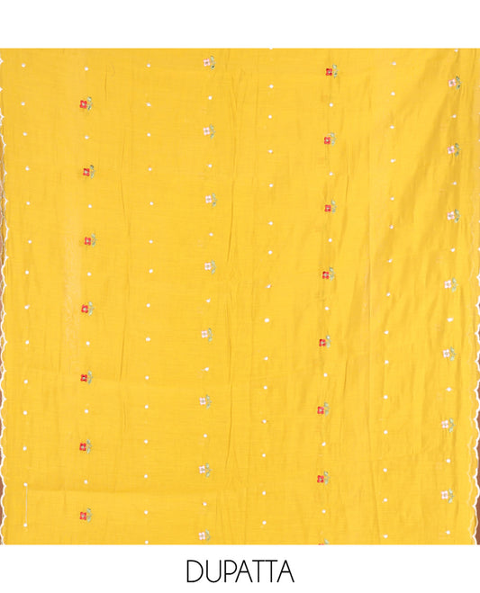 Yellow Material Churidar Set, Flower Motifs Embroidered Mul Chanderi Top, Comes with a Plain Santoon Bottom, and a Scallop Floral Motifs Embroidered Mul Chanderi Dupatta