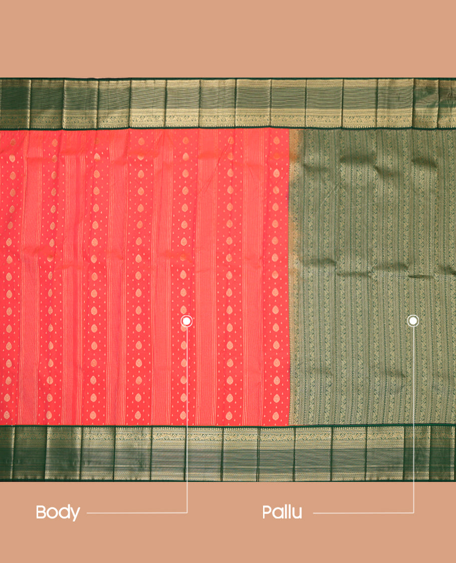 Peach Budget Silk Saree,Elevated with Zari Buttas and Stripes, Complemented by a Contrast Traditional Zari Border, Grand Pallu, and Contrast Blouse