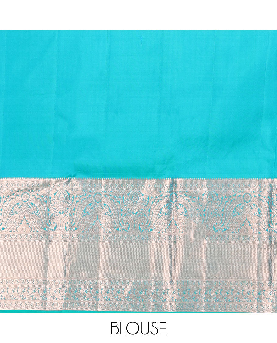Blue floral jacquard kancheepuram silk saree with self-border of rekku, muthu, banaras design & zari design pallu