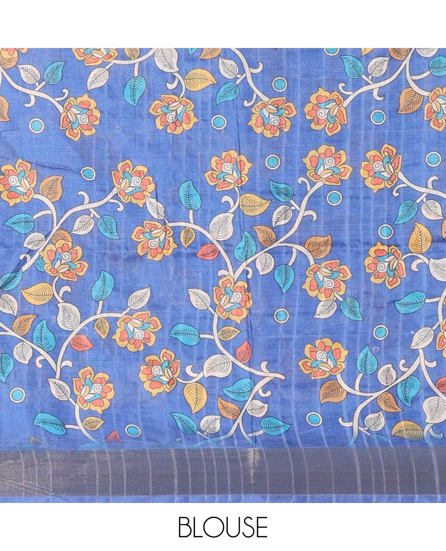 Sky blue uniquely printed soft tussar saree, contrast zari border, kalamkari floral vine printed pallu & kalamkari printed blouse