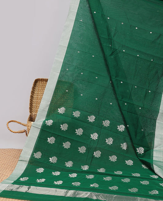 Green round motifs printed chanderi cotton saree with contrast plain border & floral motifs pallu
