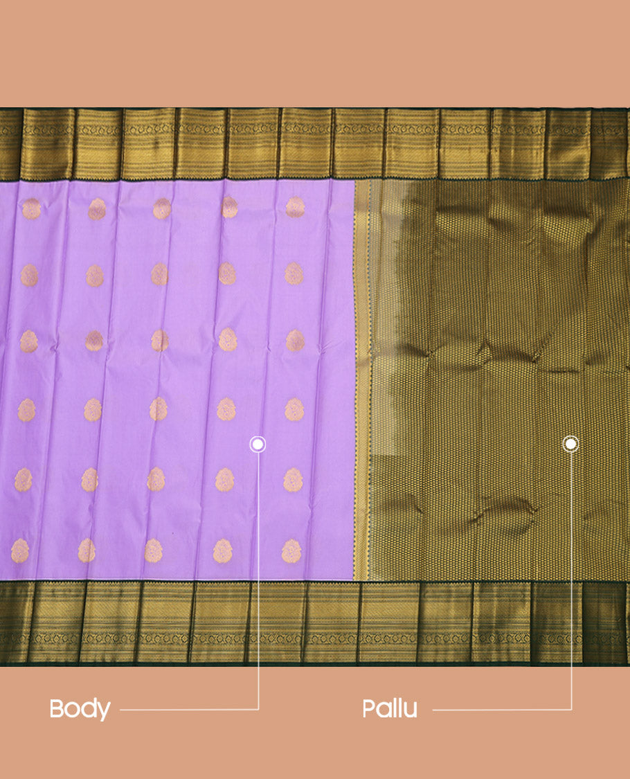 Lavender Budget Silk Saree, Detailed with Zari Buttas on Its Body, Complemented by a Contrast Traditional Zari Design Border, Pallu of Jaal Design, and Paired with a Contrast Blouse