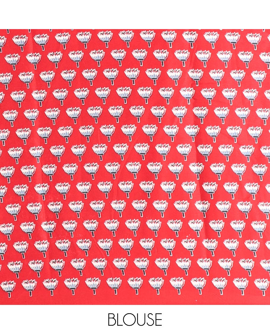 Borderless black-red half-and-half style, intricately Ajrakh printed satin crepe saree with a contrast lotus floral printed blouse