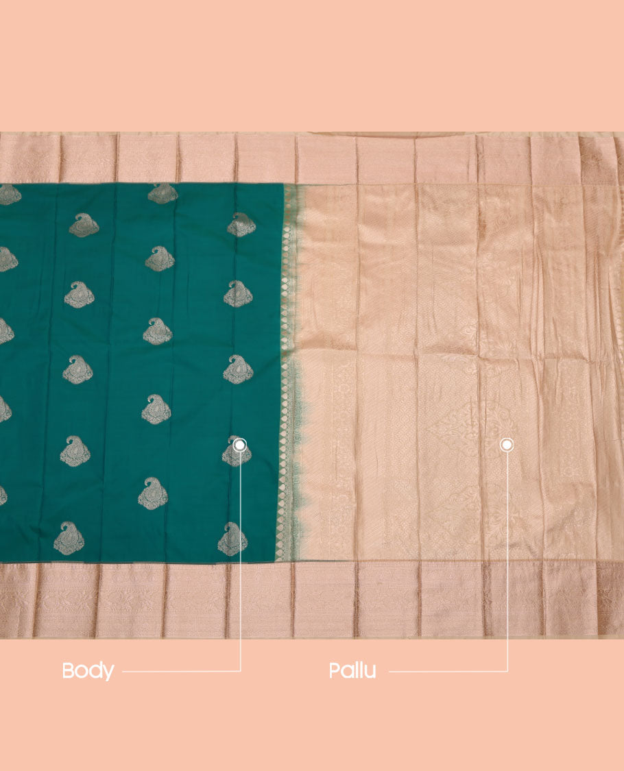 Peacock Green Budget Silk Saree, Graced with Zari Buttas, Complemented by a Contrast Traditional Zari  Border, Grand Pallu, and a Contrast Blouse