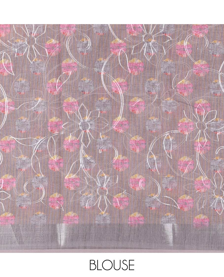 Grey shibori printed with thread floral vine embroidered linen cotton saree, contrast bavanji border, pallu, and blouse of shibori print with embroidery