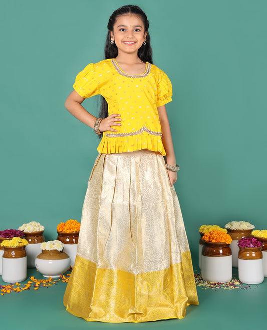 Sandal readymade art silk pavadai, jacquard & contrast zari border skirt & contrast zari buttas embroidered puff-sleeve blouse