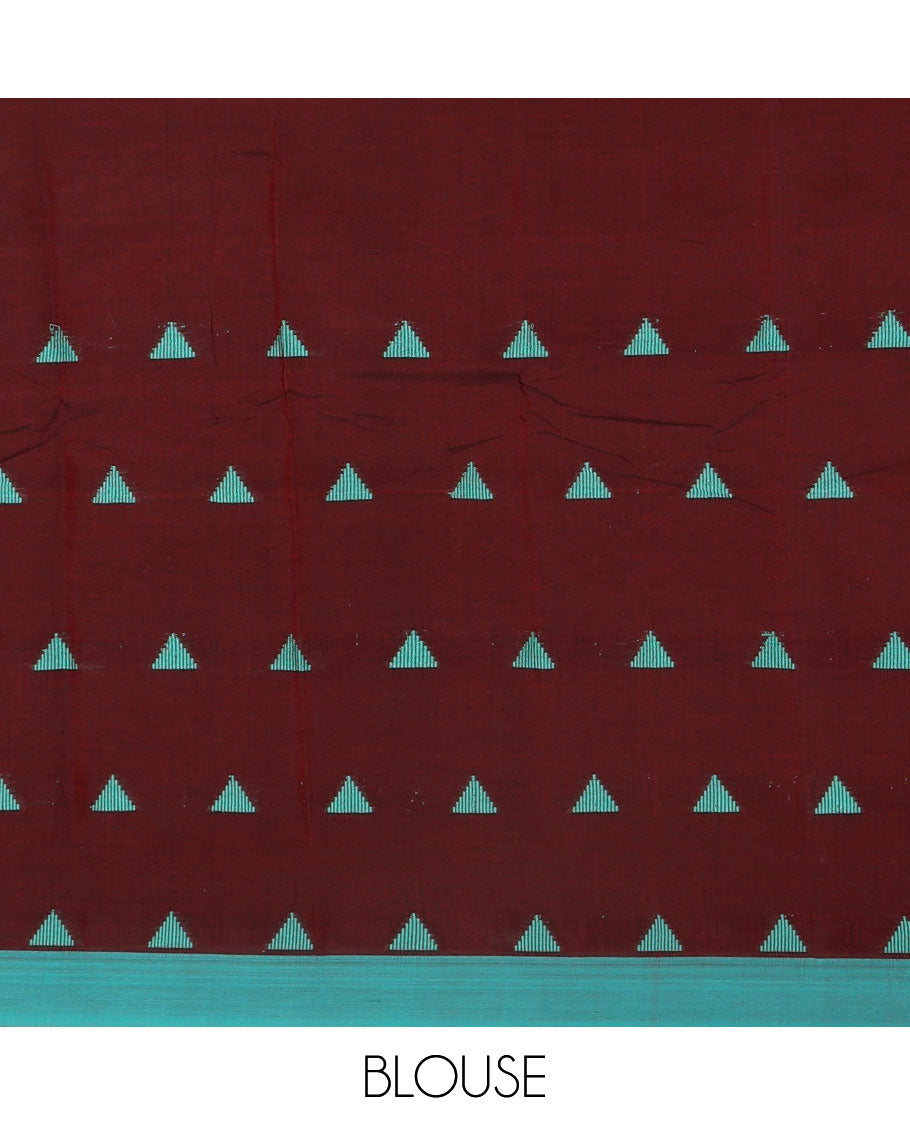 Maroon triangle motifs mercerised cotton saree, contrast plain border, striped pallu, and matching triangle motifs blouse