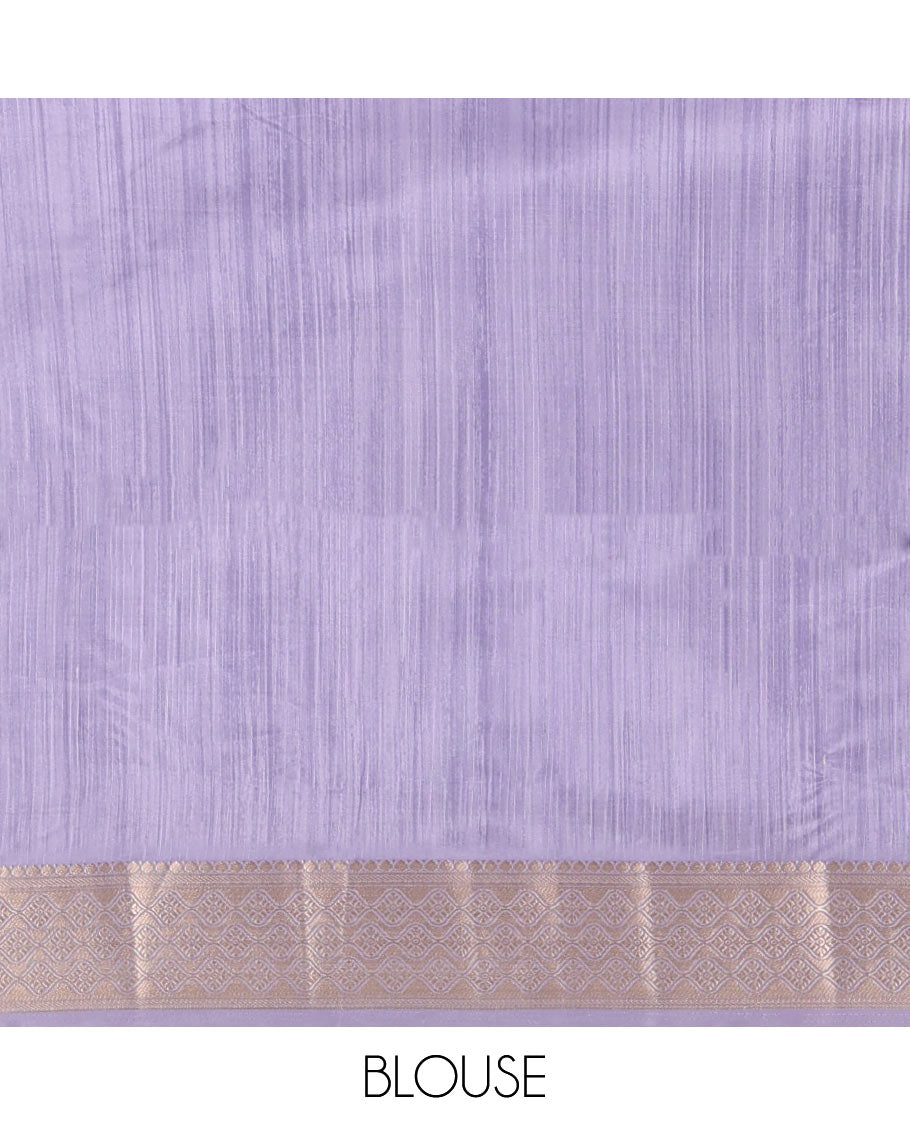 Lavender colorful unique shaped floral printed fancy tussar saree, contrast ogee patterned zari border, and intricate pallu