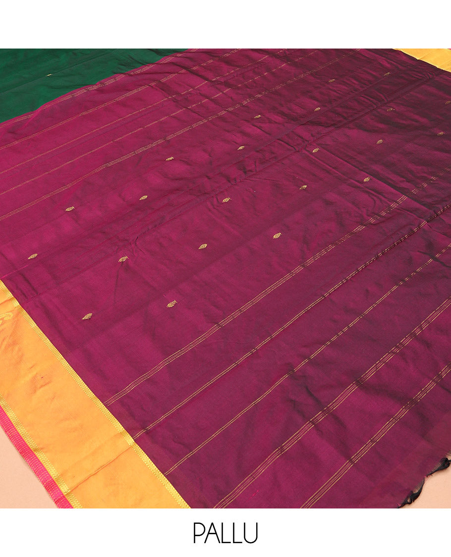 Green Zari Buttas Ten-Yard Saree, Complemented by a Contrast Border, Self-Pallu of Buttas and Stripes, and No Blouse