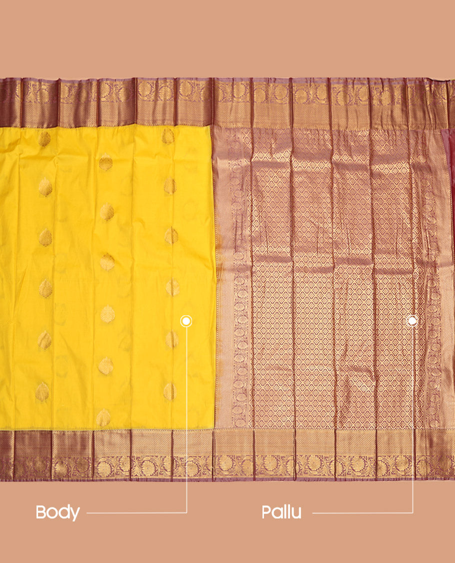 Yellow Budget Silk Saree, Subtly Sparkled with Zari Buttas, Contrast Floral Creeper Zari Border, Ogee-Patterned Pallu, and a Contrast Blouse