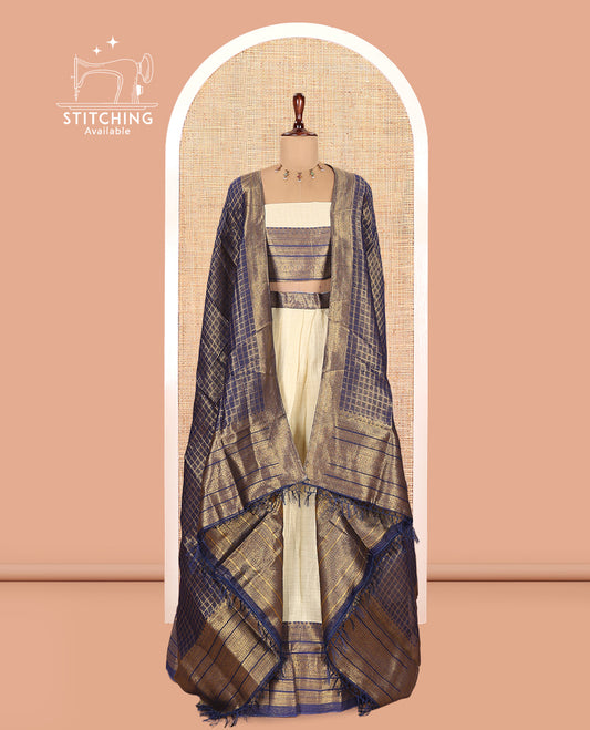 Cream-Navy Blue Semi-Silk Half-Saree