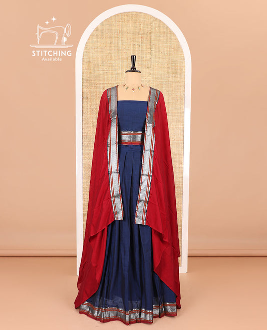 Navy blue half-saree, plain with contrast traditional zari border skirt, matching blouse and a contrast zari border dhavani